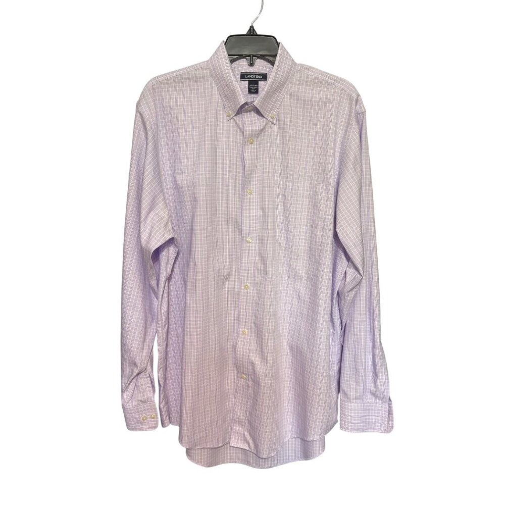 Lands End Men Traditional Fit Supima Pinpoint Dress Shirt Lavender Check 16.5/35
